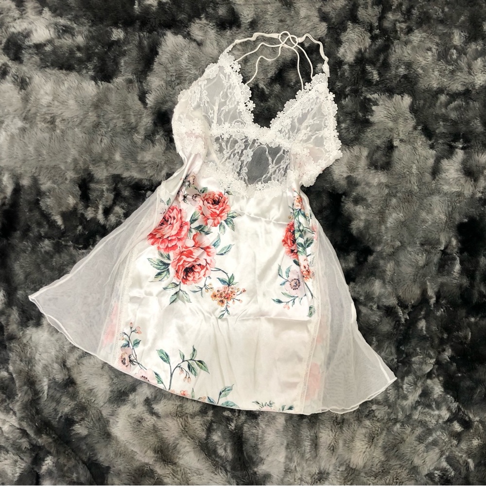 FLORAL FLOWER PINK BABYDOLL LACE WHITE MESH DRESS LINGERIE